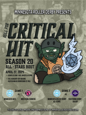 Roll for Critical Hit Season 20 All Stars Bout on April 227, 2024. Orc Rolling a 20 sided die.