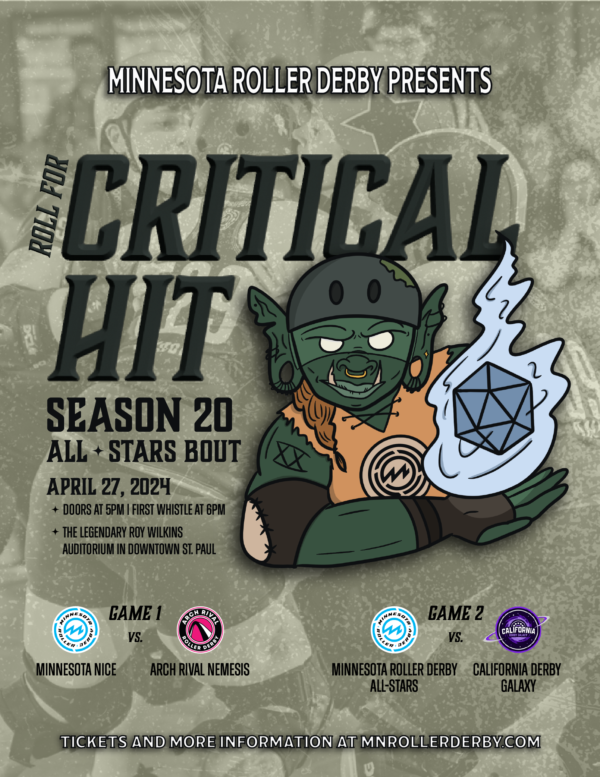 Roll for Critical Hit Season 20 All Stars Bout on April 227, 2024. Orc Rolling a 20 sided die.