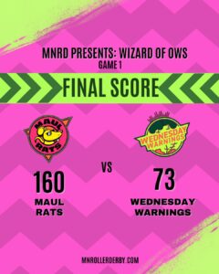 Game 1 Results:
Maul Rats: 160
Wednesday Warnings: 73